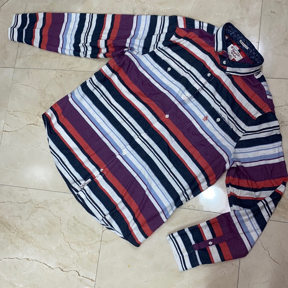 ORIGINAL PENGUIN Multi Color Stripe Long Sleeve Button Down Two Chest Pockets